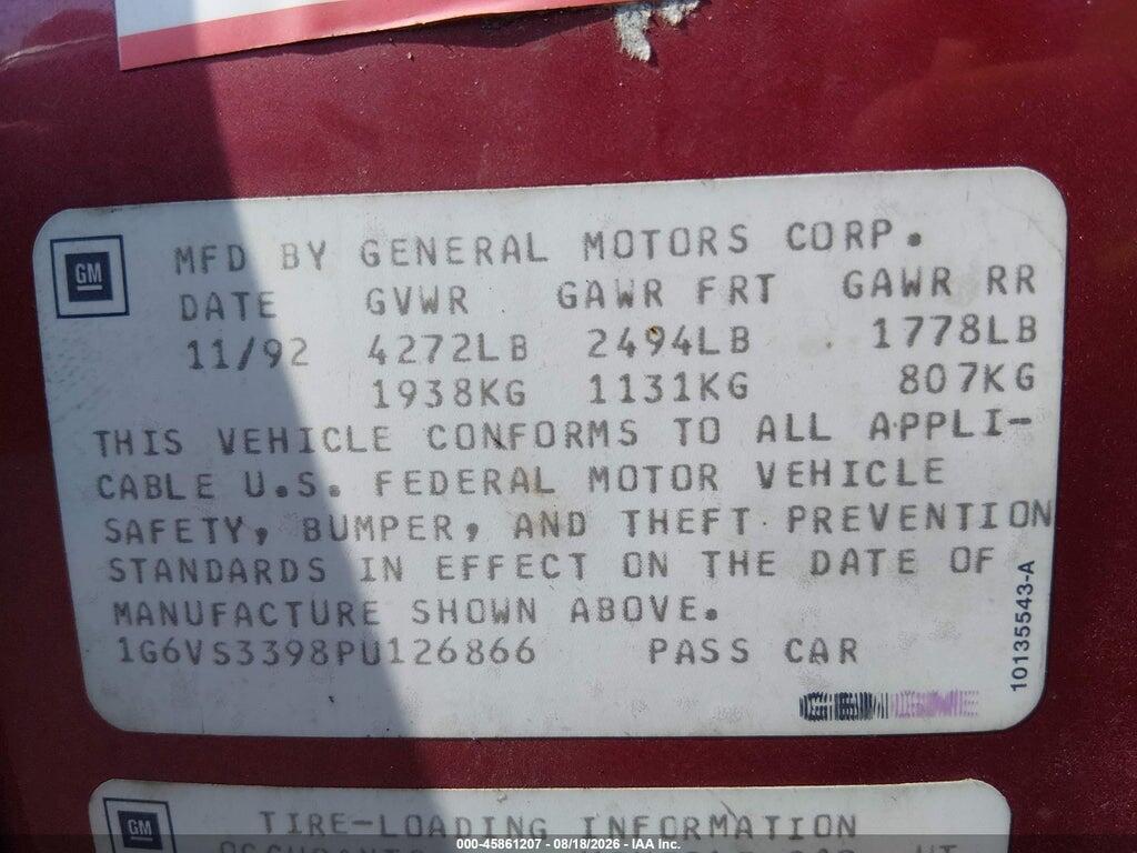 1G6VS3398PU126866 1993 CADILLAC ALLANTE photo no. 9