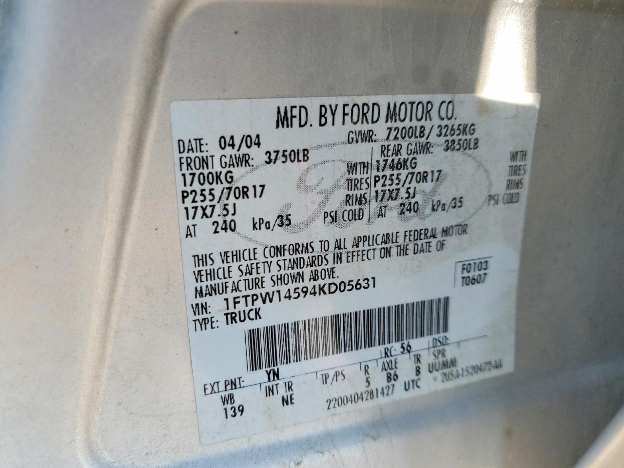 1FTPW14594KD05631 2004 FORD F150 photo no. 12