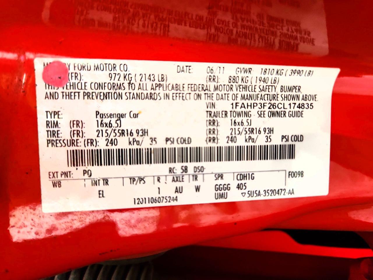 1FAHP3F26CL174835 2012 FORD FOCUS photo no. 12