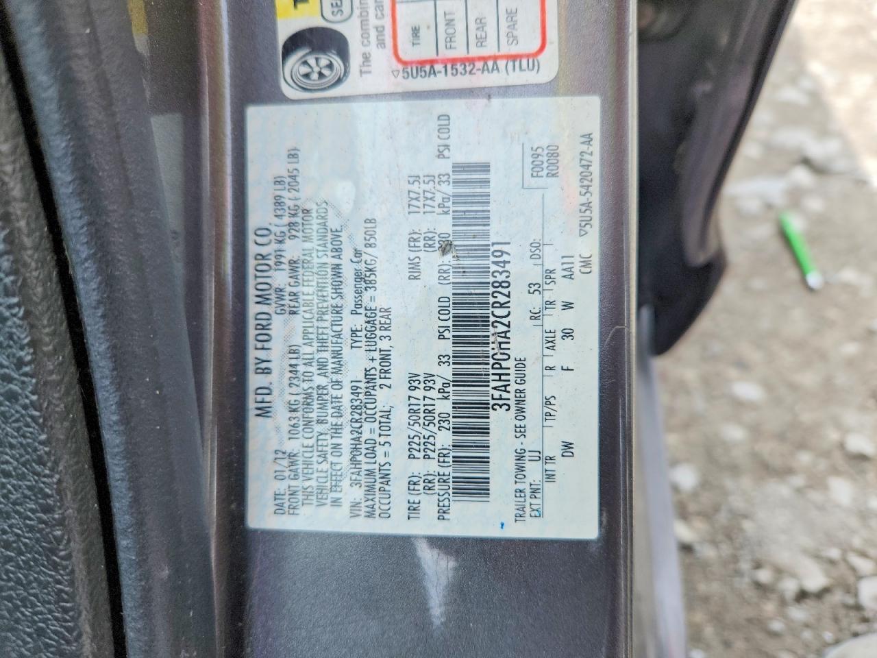 3FAHP0HA2CR283491 2012 FORD FUSION photo no. 12