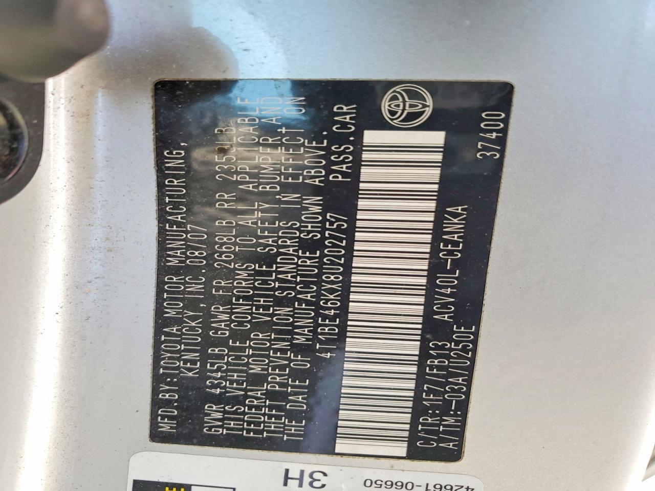 4T1BE46KX8U202757 2008 TOYOTA CAMRY photo no. 12