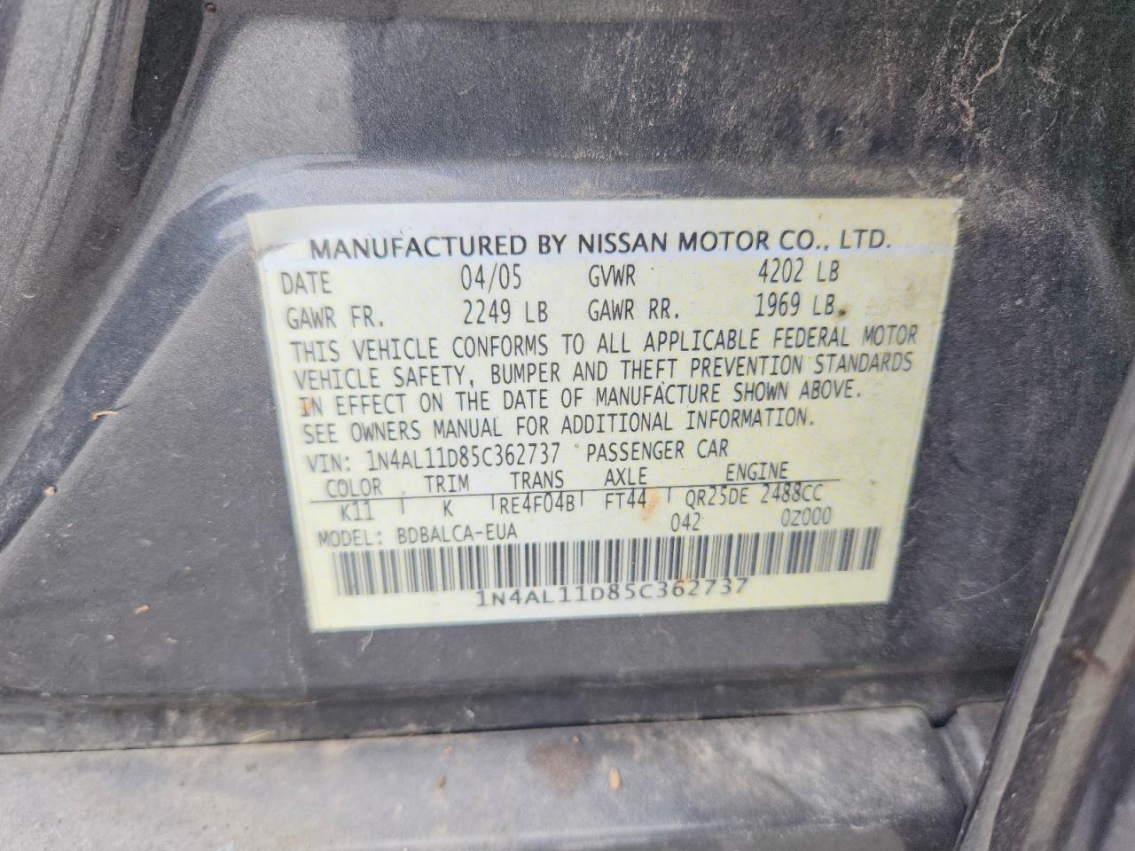 1N4AL11D85C362737 2005 NISSAN ALTIMA photo no. 12