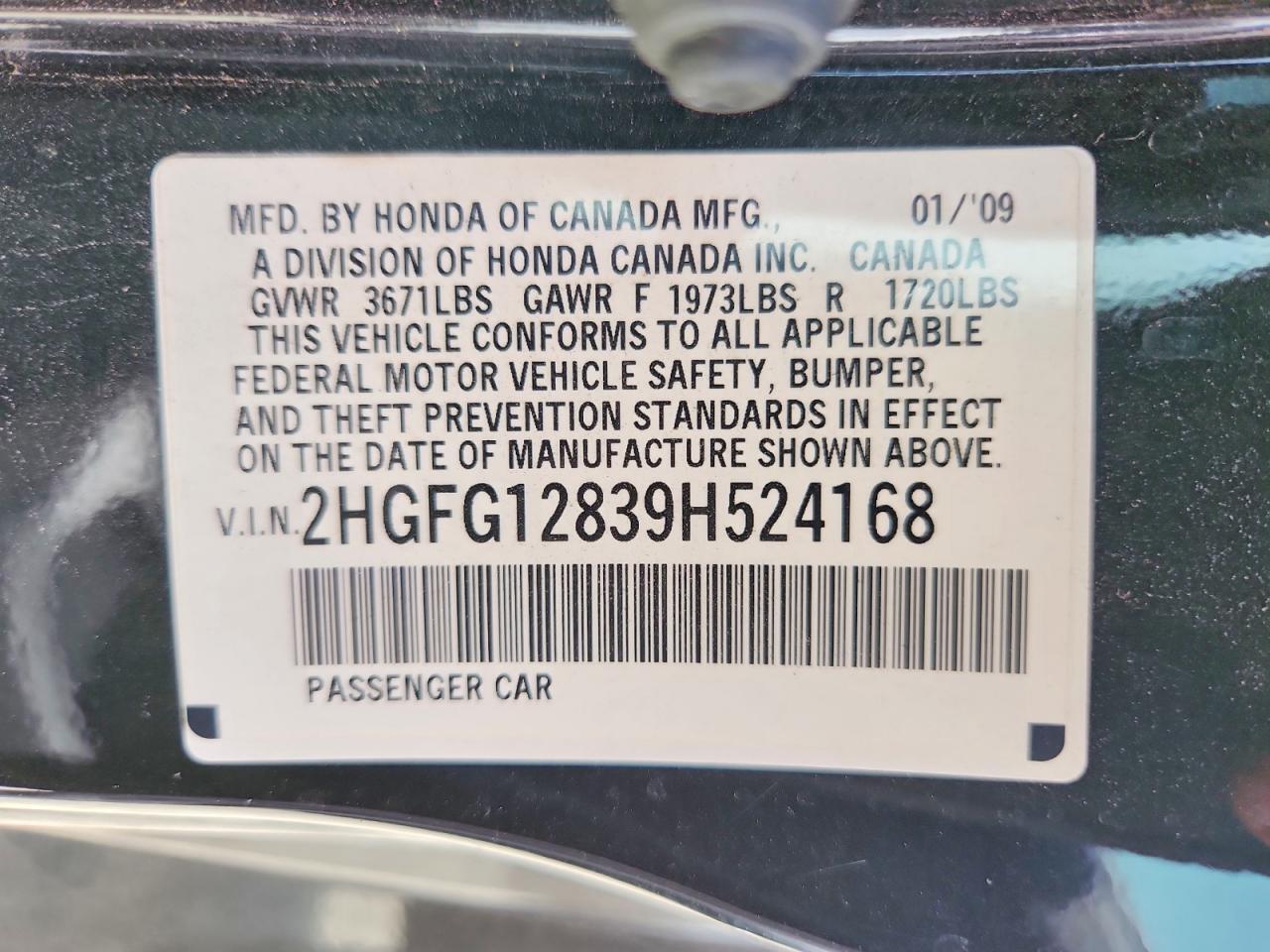 2HGFG12839H524168 2009 HONDA CIVIC photo no. 12
