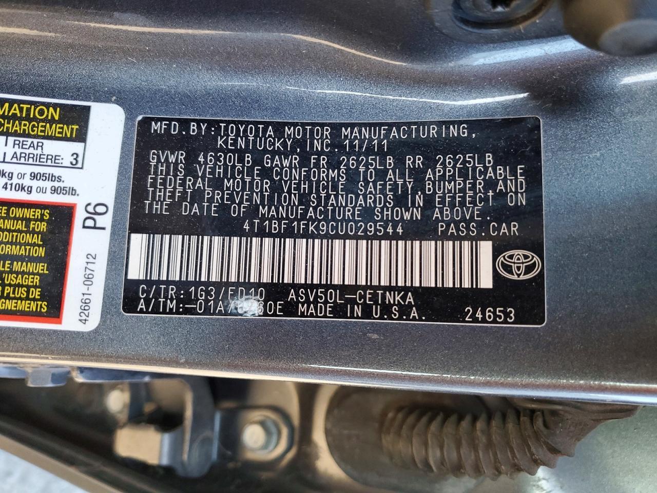 2012 TOYOTA CAMRY LE — Фото 12 из 12