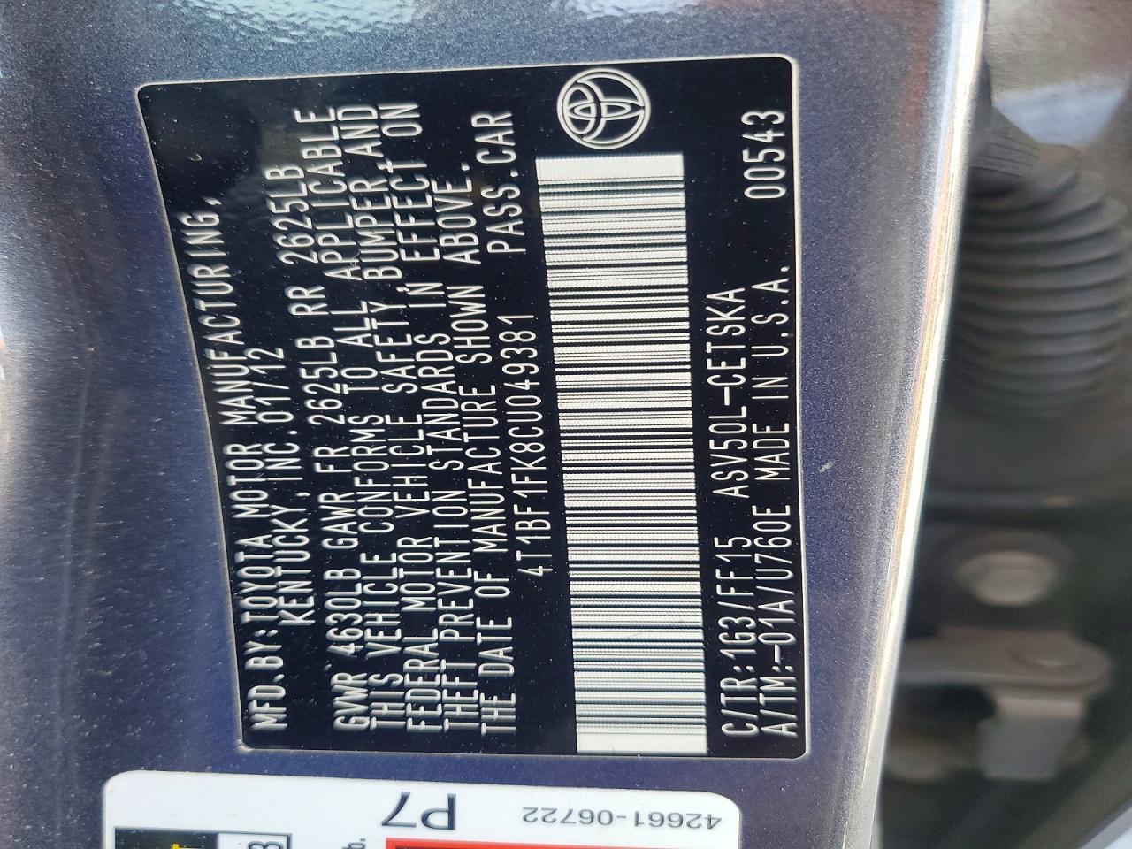 2012 TOYOTA CAMRY SE — Фото 12 из 12