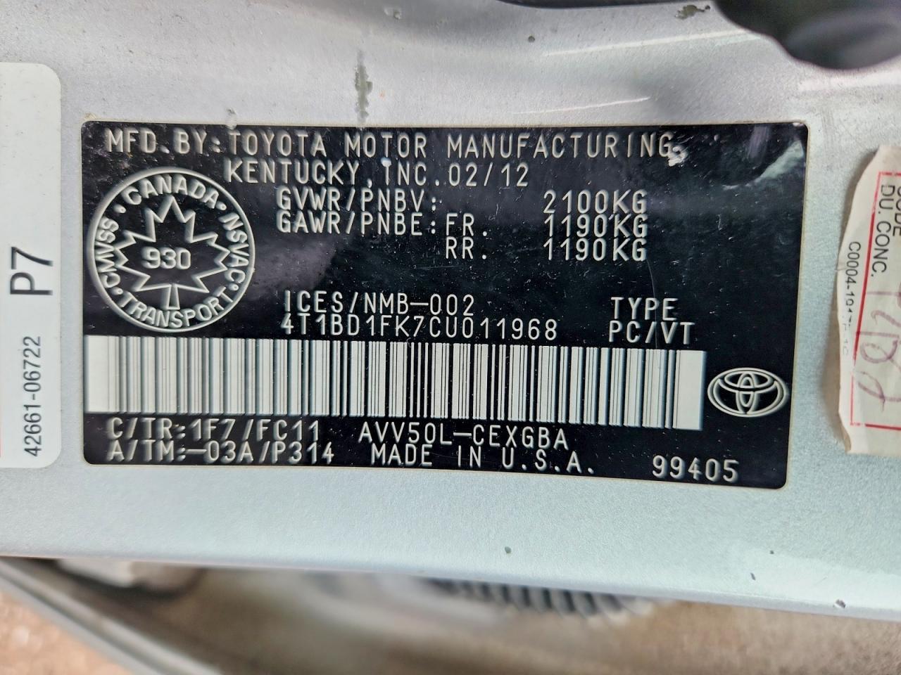 2012 TOYOTA CAMRY HYBRID LE — Фото 12 из 12