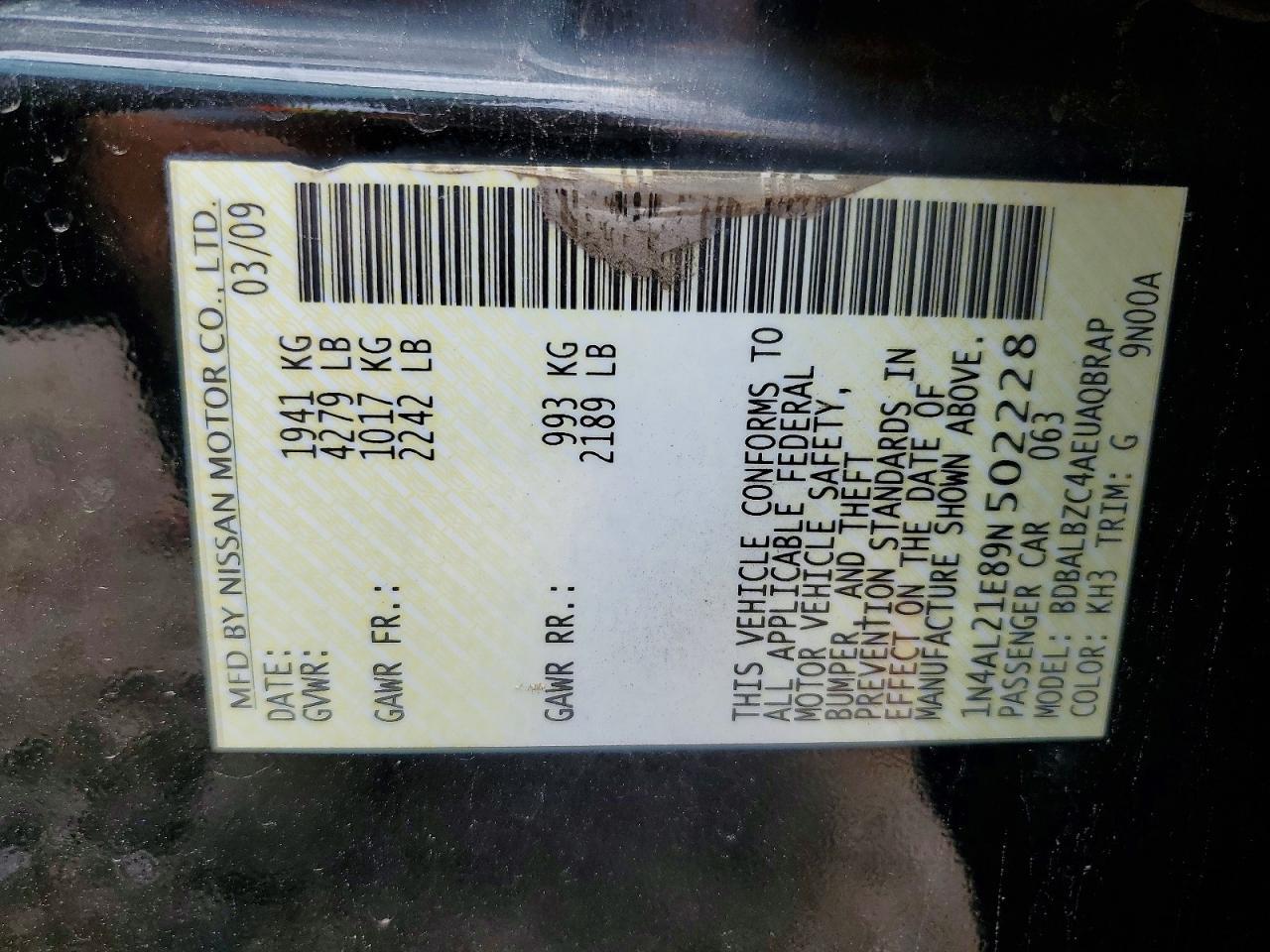 1N4AL21E89N502228 2009 NISSAN ALTIMA photo no. 12