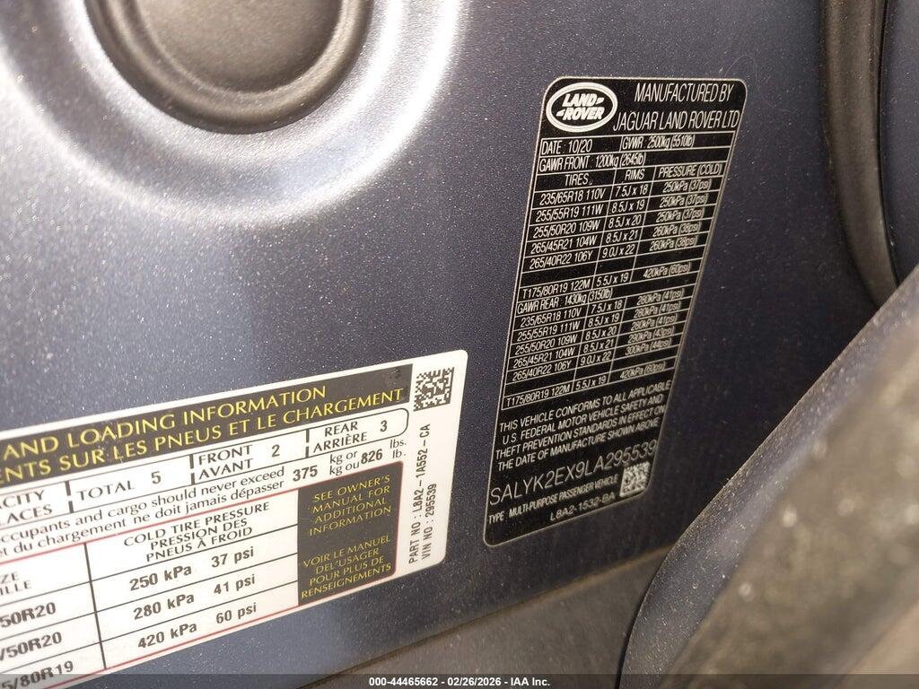SALYK2EX9LA295539 2020 LAND ROVER RANGE ROVER VELAR photo no. 9