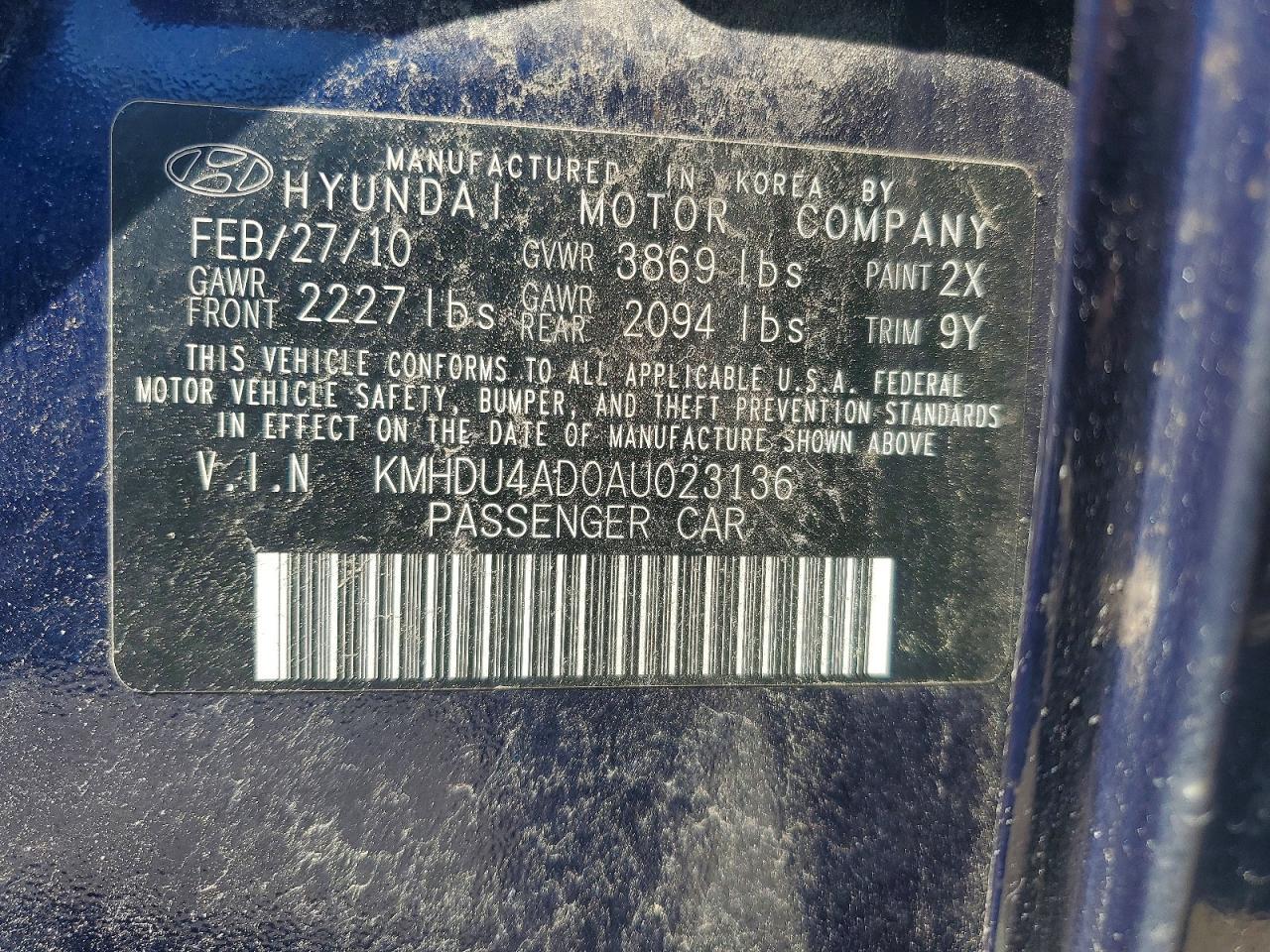 KMHDU4AD0AU023136 2010 HYUNDAI ELANTRA photo no. 12