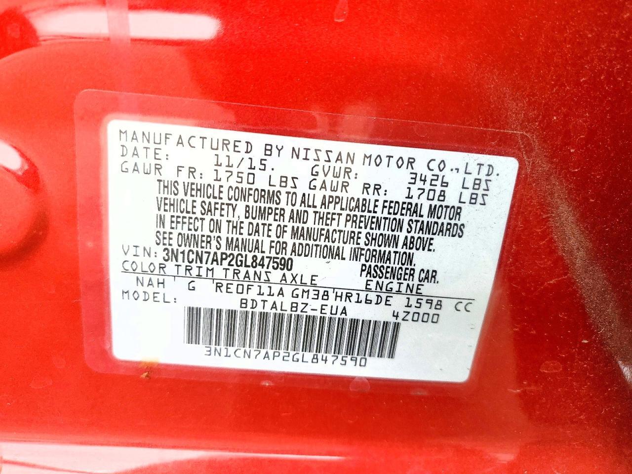 2016 NISSAN VERSA 1.6 SV — Фото 12 из 12