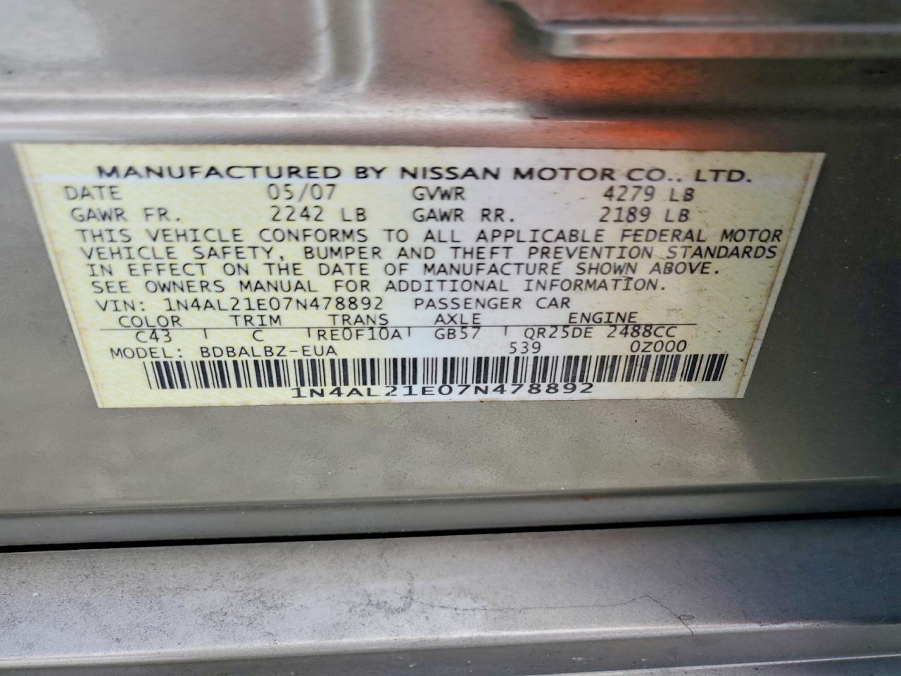 2007 NISSAN ALTIMA 2.5 — Фото 12 из 12