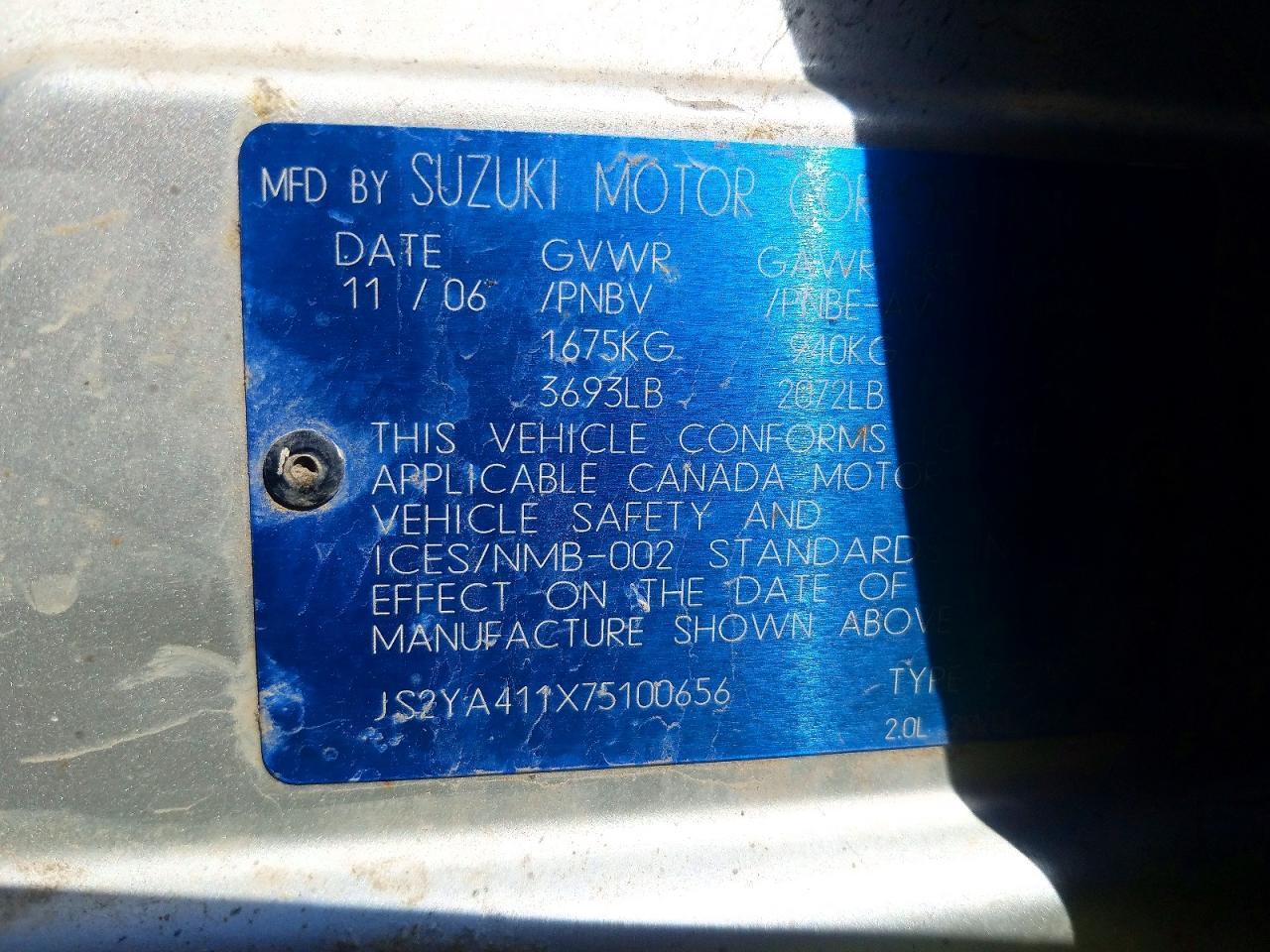 JS2YA411X75100656 2007 SUZUKI SX4 photo no. 12