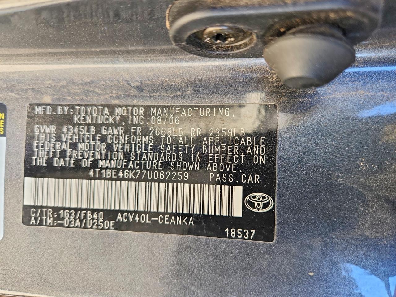 2007 TOYOTA CAMRY LE — Фото 12 из 12