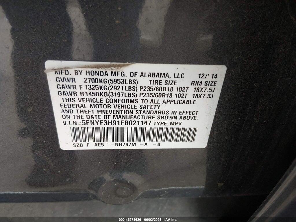 5FNYF3H91FB021147 2015 HONDA PILOT photo no. 9