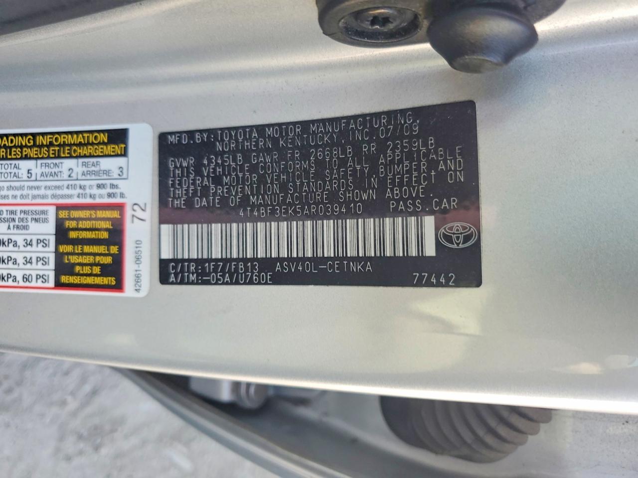 2010 TOYOTA CAMRY LE — Фото 12 из 12