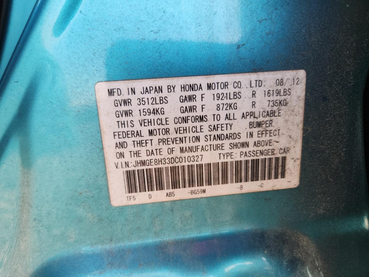 JHMGE8H33DC010327 2013 HONDA FIT photo no. 12