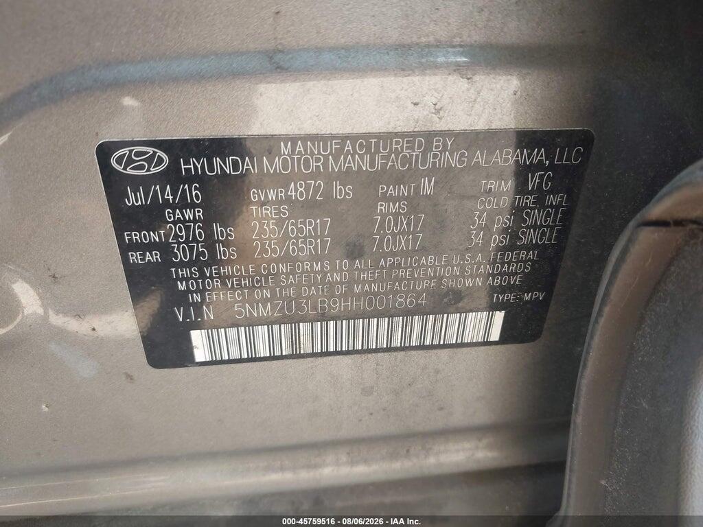 5NMZU3LB9HH001864 2017 HYUNDAI SANTA FE SPORT photo no. 9