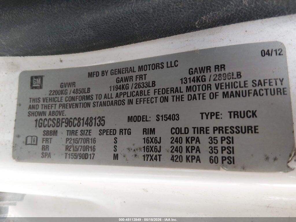 1GCCSBF96C8148135 2012 CHEVROLET COLORADO photo no. 9