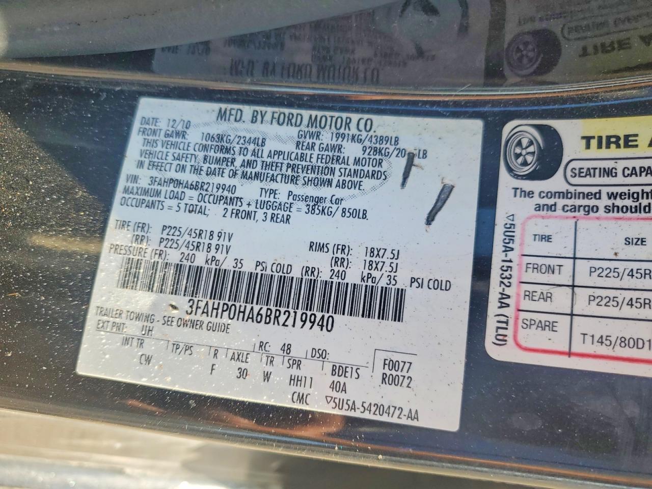 3FAHP0HA6BR219940 2011 FORD FUSION photo no. 12