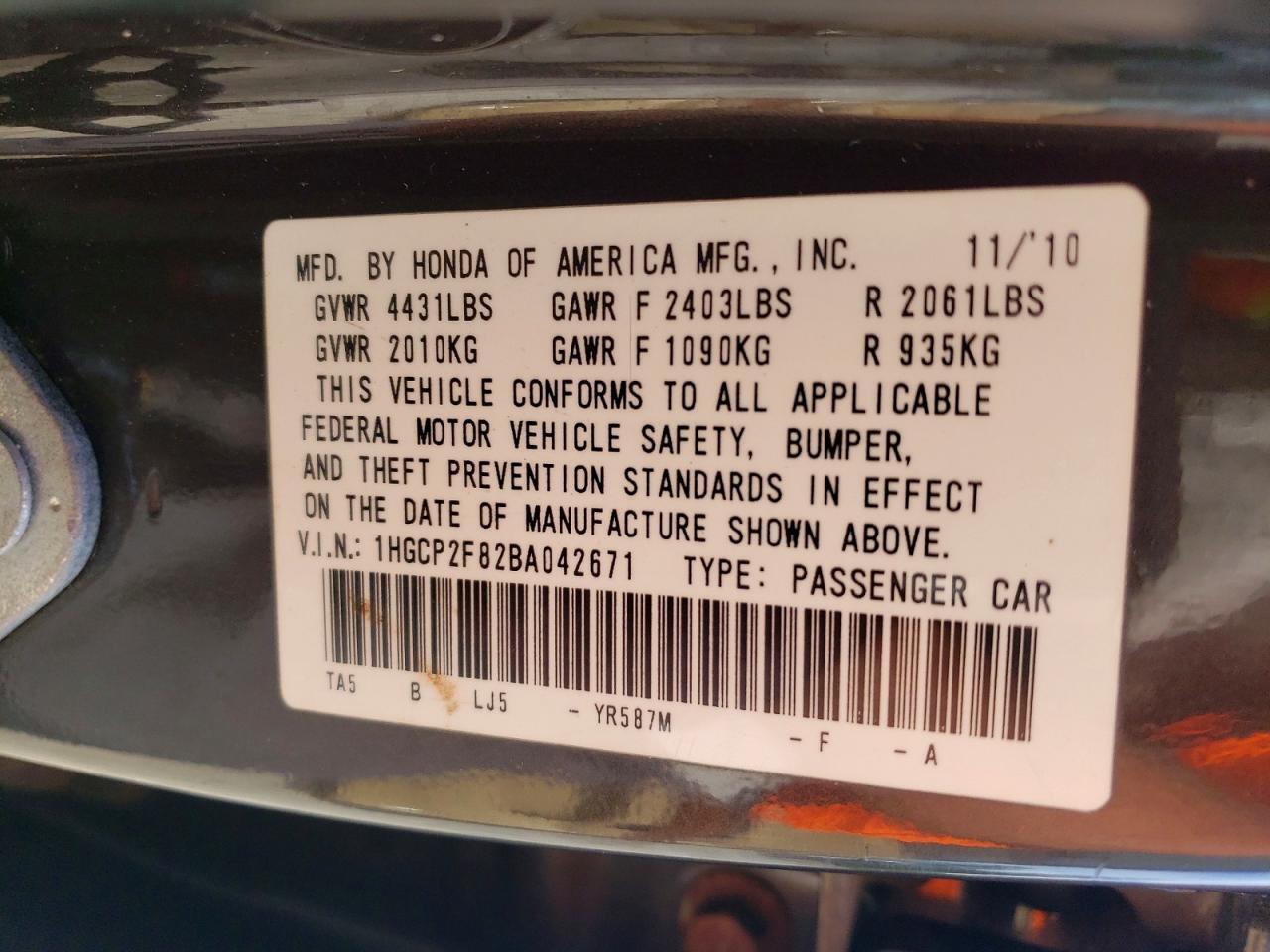 1HGCP2F82BA042671 2011 HONDA ACCORD photo no. 12