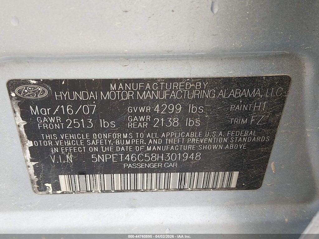 5NPET46C58H301948 2008 HYUNDAI SONATA photo no. 9