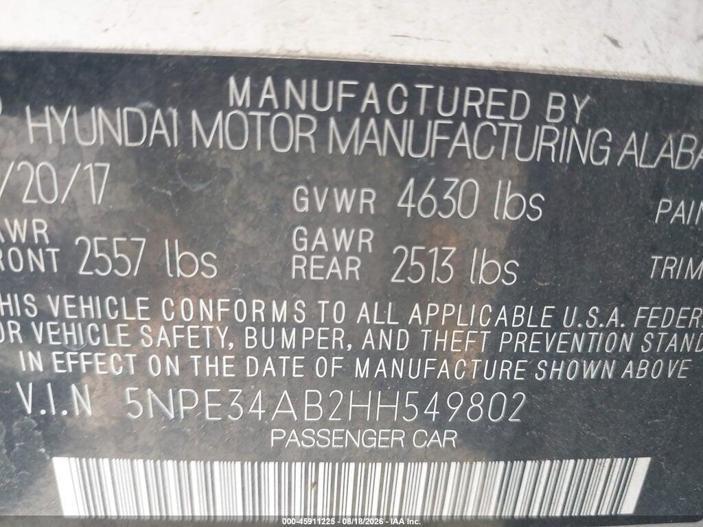 5NPE34AB2HH549802 2017 HYUNDAI SONATA photo no. 9