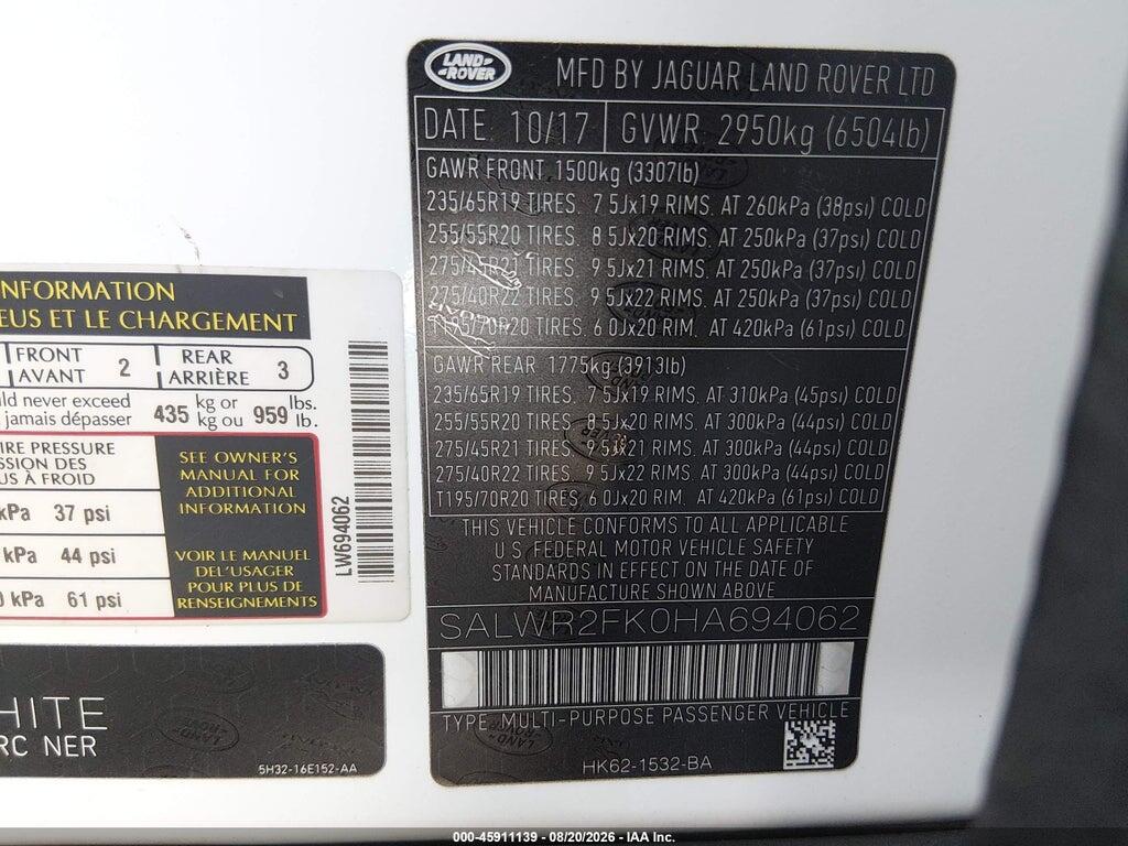 SALWR2FK0HA694062 2017 LAND ROVER RANGE ROVER SPORT photo no. 9