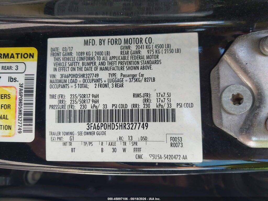 3FA6P0HD5HR327749 2017 FORD FUSION photo no. 9