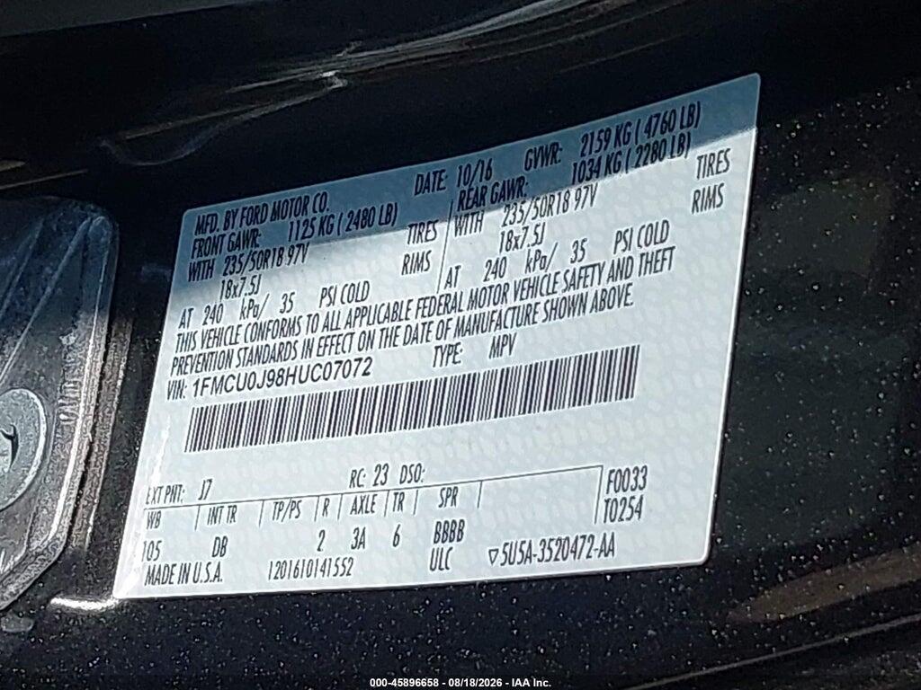 1FMCU0J98HUC07072 2017 FORD ESCAPE photo no. 9