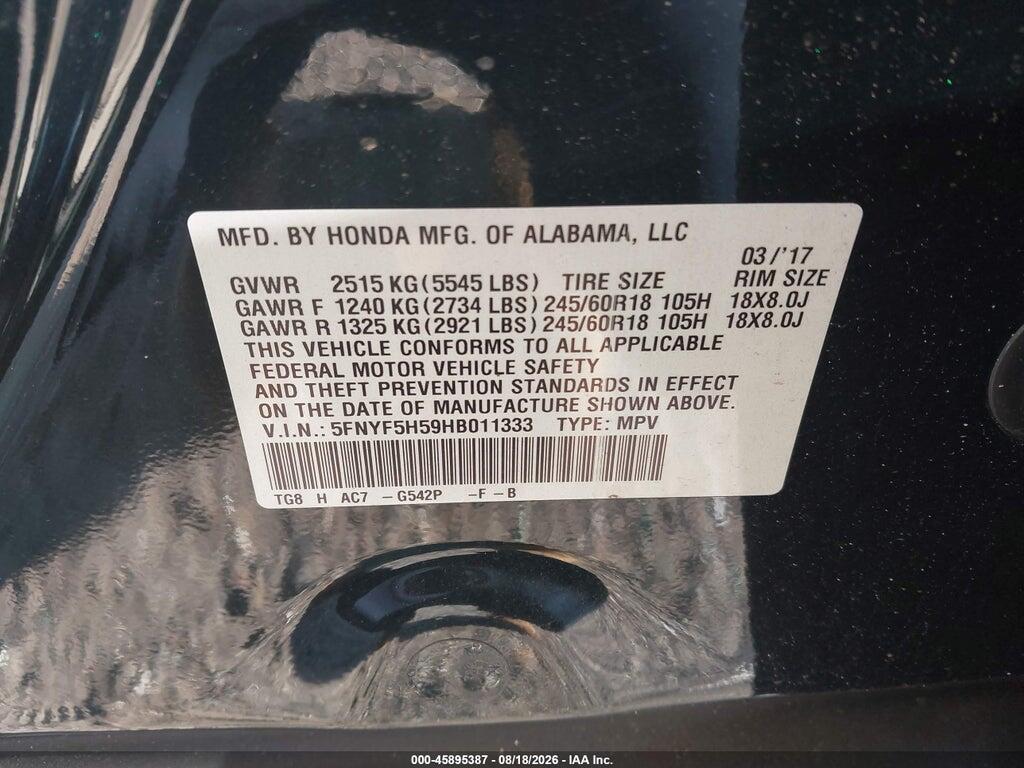 5FNYF5H59HB011333 2017 HONDA PILOT photo no. 9