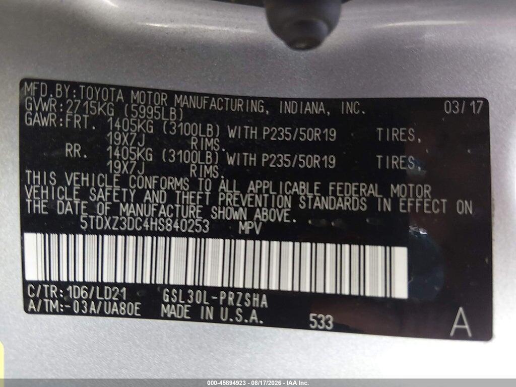 5TDXZ3DC4HS840253 2017 TOYOTA SIENNA photo no. 9