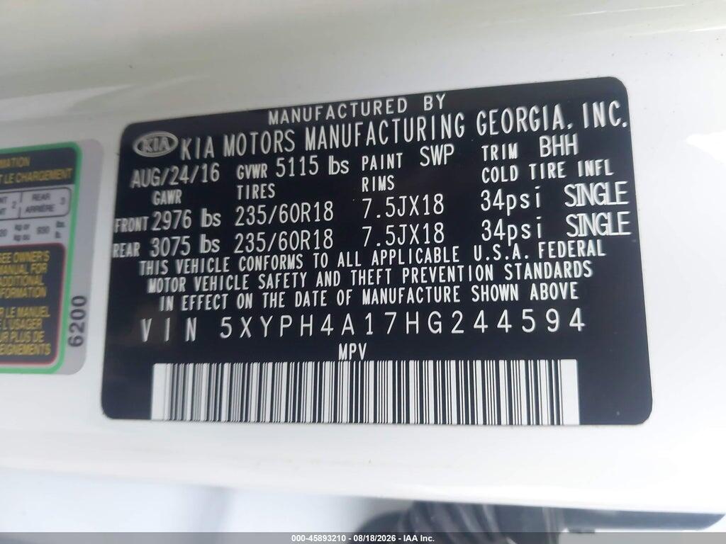 5XYPH4A17HG244594 2017 KIA SORENTO photo no. 9