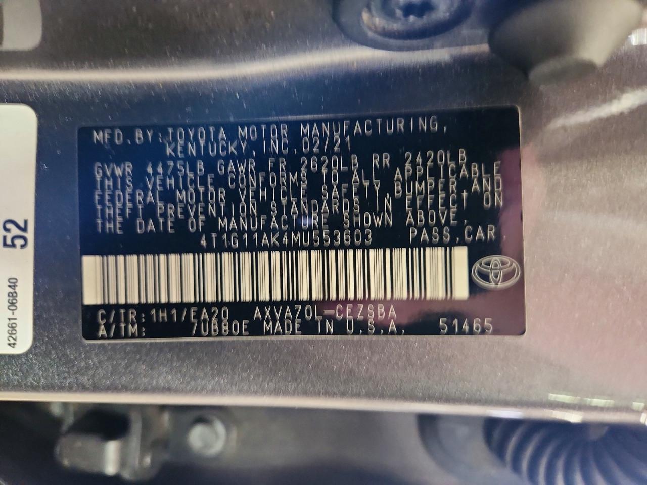 4T1G11AK4MU553603 2021 TOYOTA CAMRY photo no. 12
