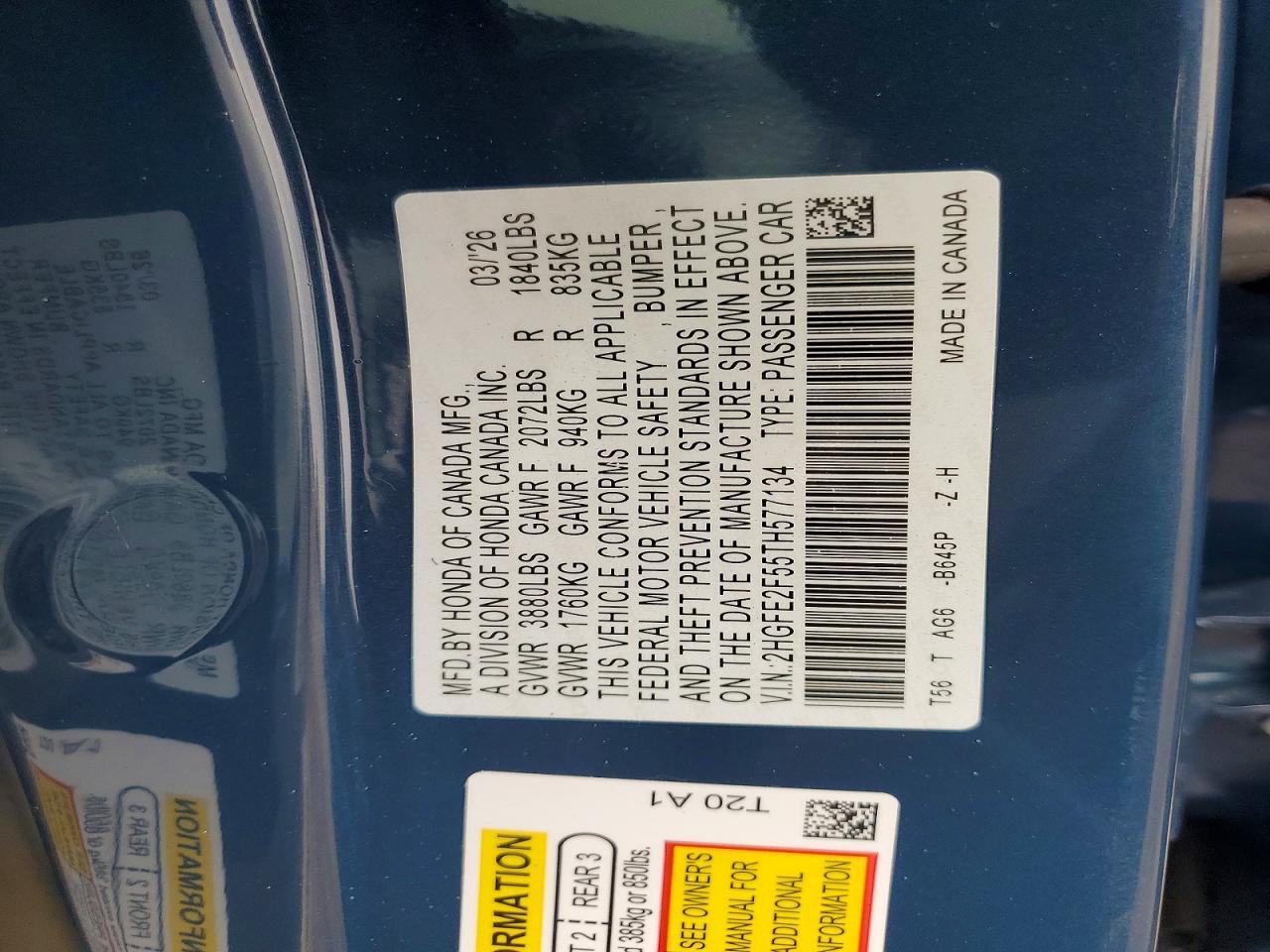 2HGFE2F55TH577134 2026 HONDA CIVIC photo no. 12