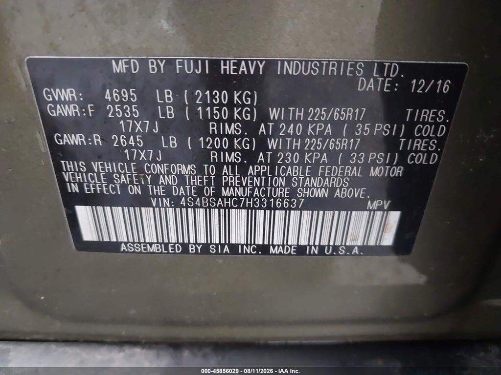 4S4BSAHC7H3316637 2017 SUBARU OUTBACK photo no. 9