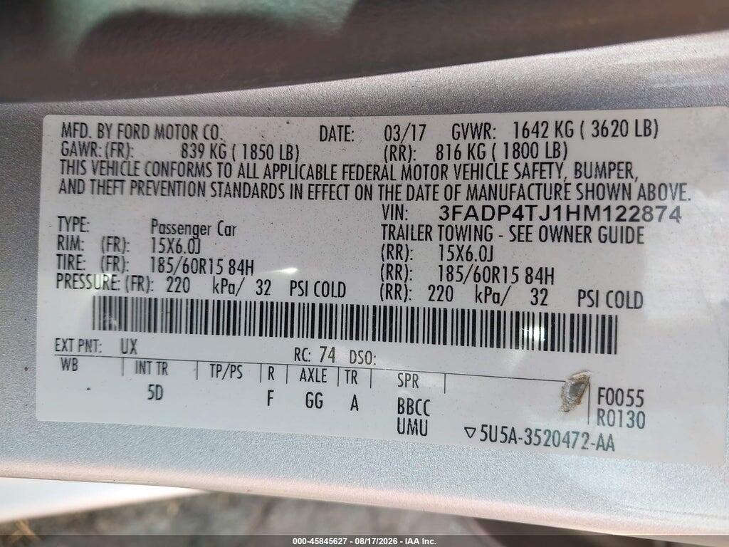 3FADP4TJ1HM122874 2017 FORD FIESTA photo no. 9