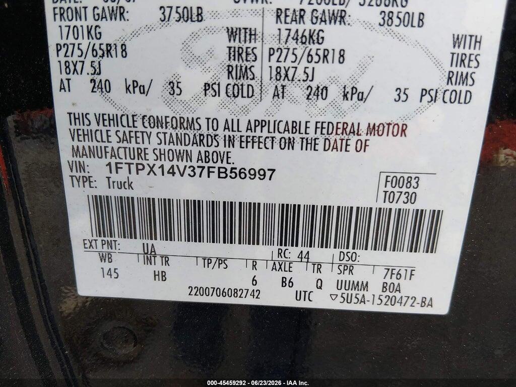 1FTPX14V37FB56997 2007 FORD F-150 photo no. 9