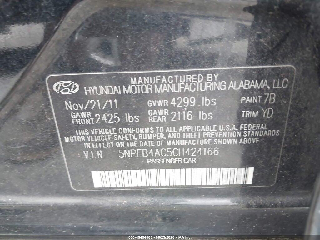 5NPEB4AC5CH424166 2012 HYUNDAI SONATA photo no. 9