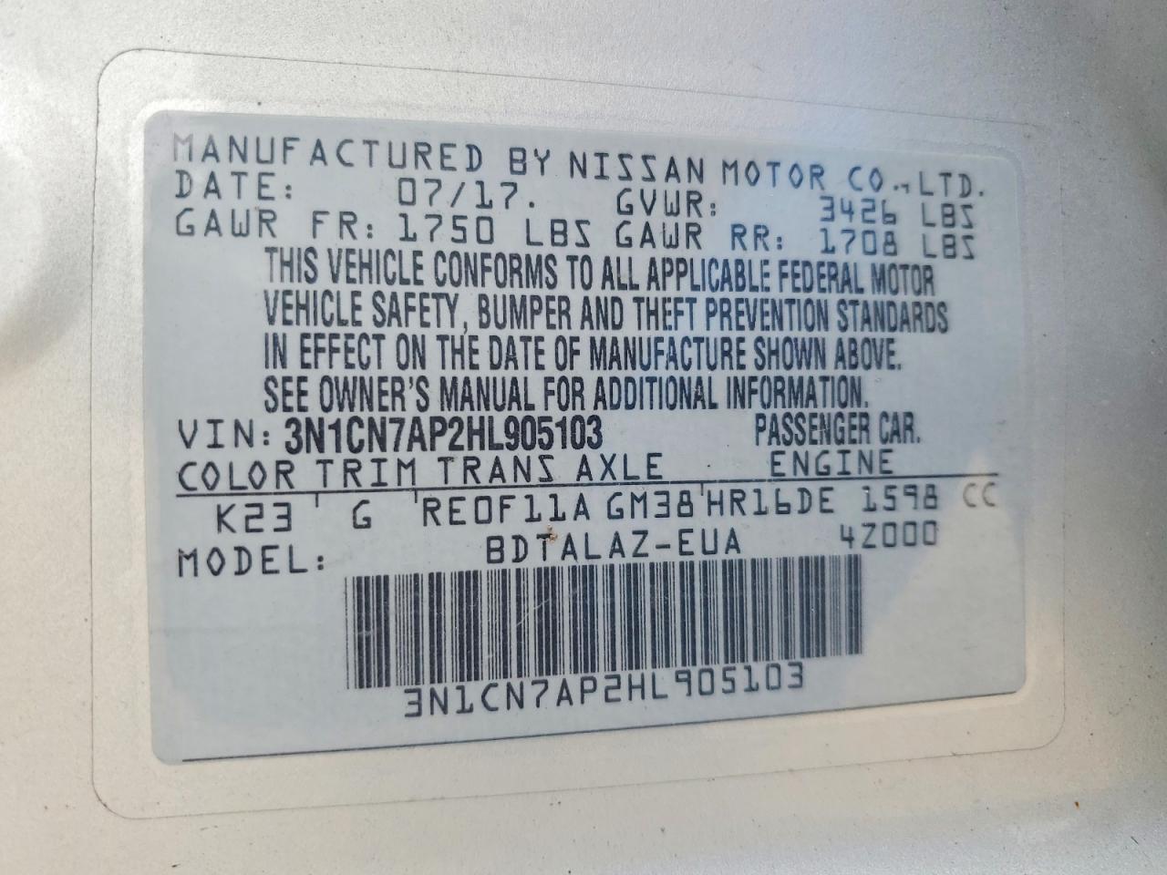 2017 NISSAN VERSA 1.6 S PLUS — Фото 12 из 12