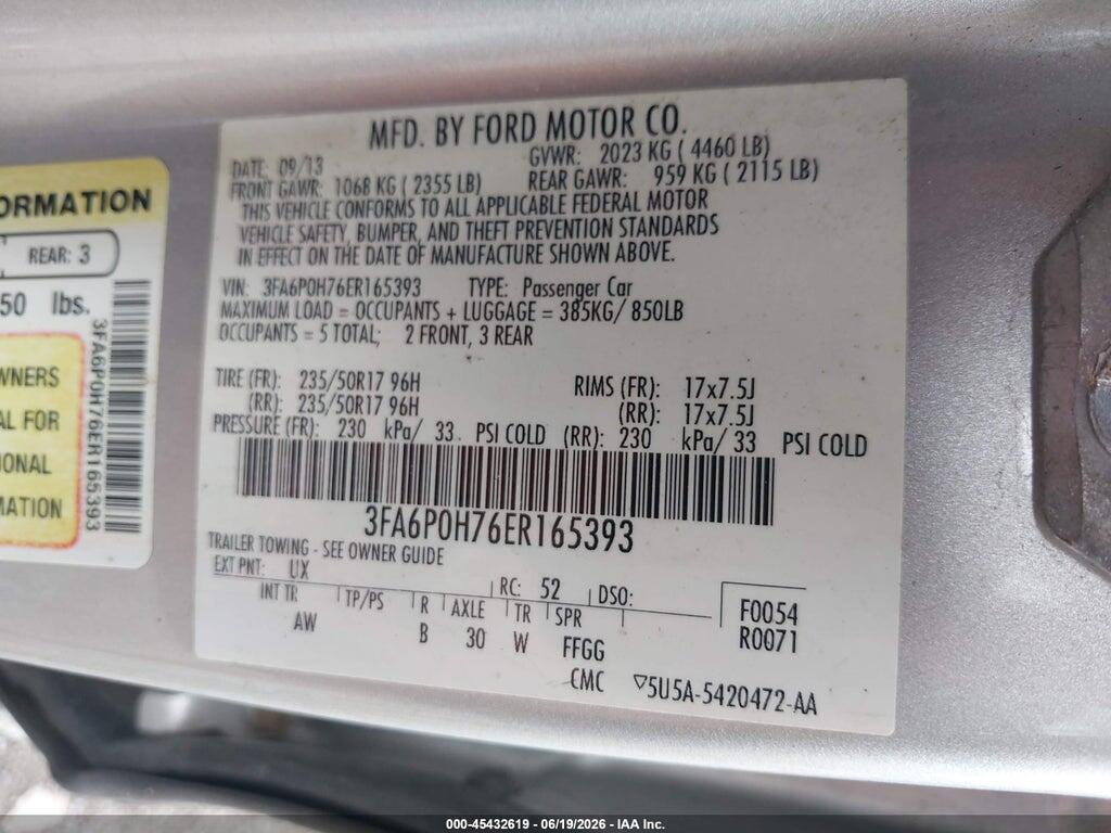 3FA6P0H76ER165393 2014 FORD FUSION photo no. 9