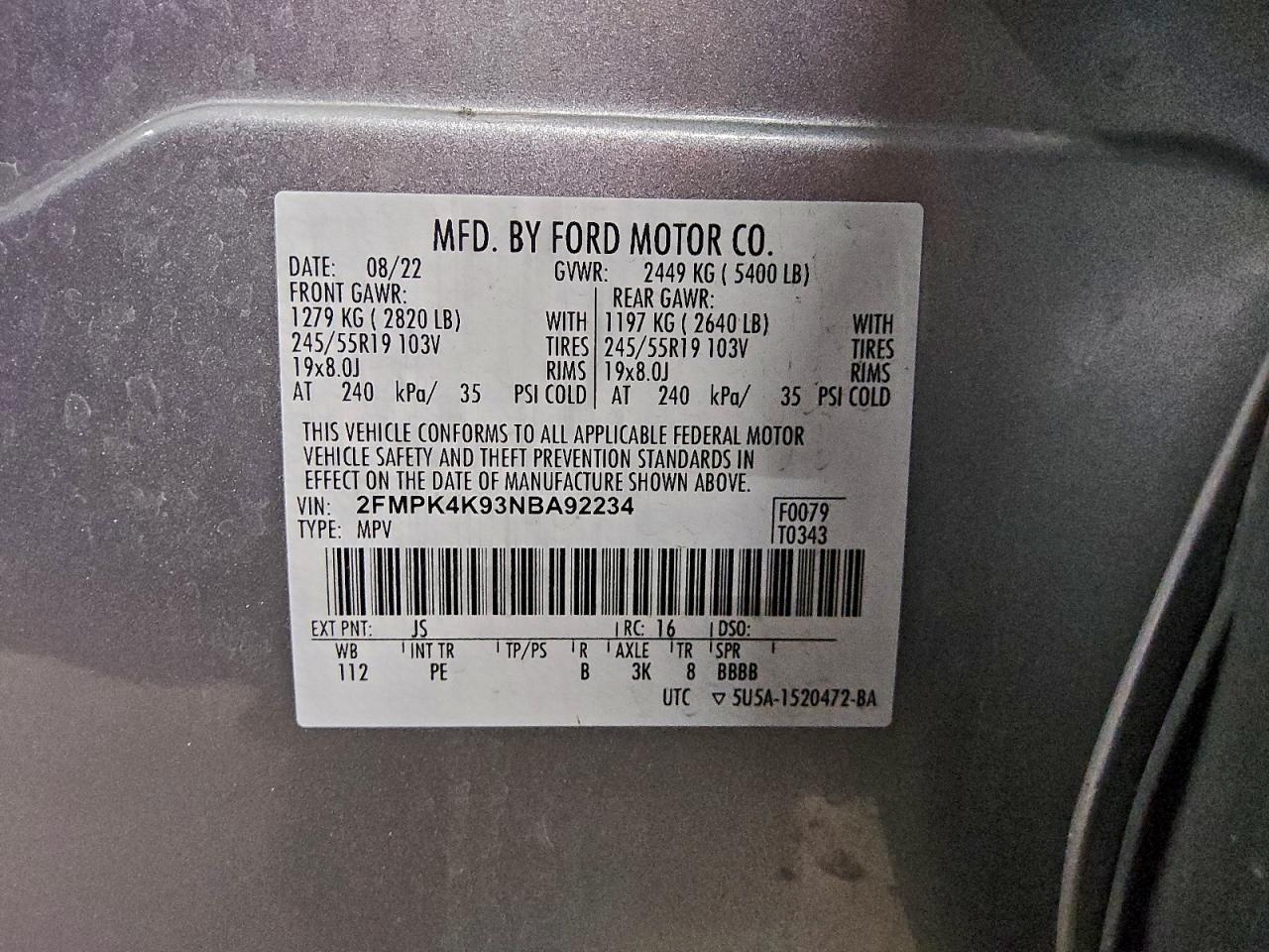 2FMPK4K93NBA92234 2022 FORD EDGE photo no. 12
