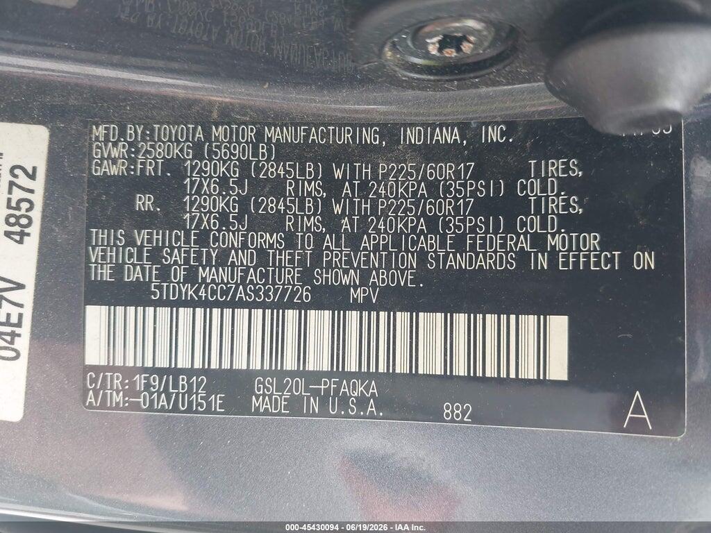 5TDYK4CC7AS337726 2010 TOYOTA SIENNA photo no. 9