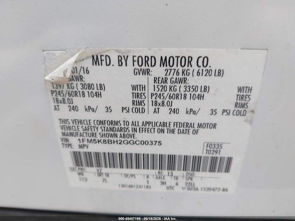 1FM5K8BH2GGC00375 2016 FORD EXPLORER photo no. 9