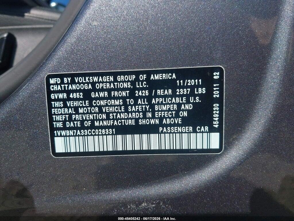 1VWBN7A33CC026331 2012 VOLKSWAGEN PASSAT photo no. 9