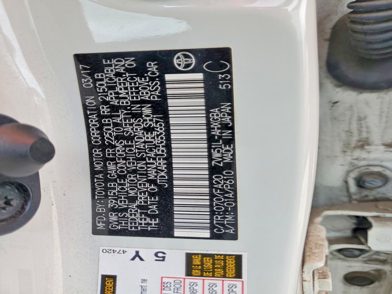 JTDKARFU5H3536571 2017 TOYOTA PRIUS photo no. 12