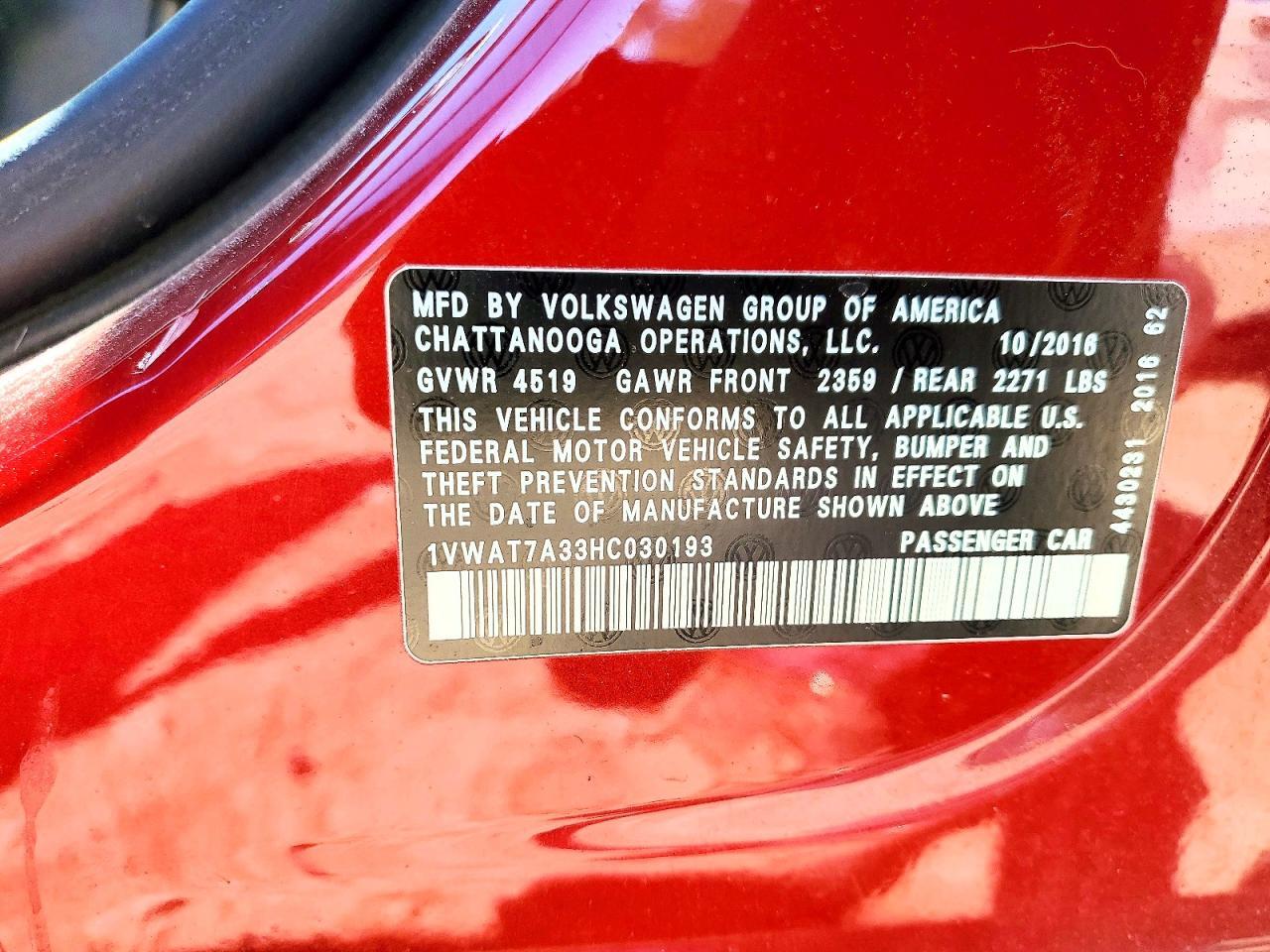 2017 VOLKSWAGEN PASSAT S — Фото 12 из 12