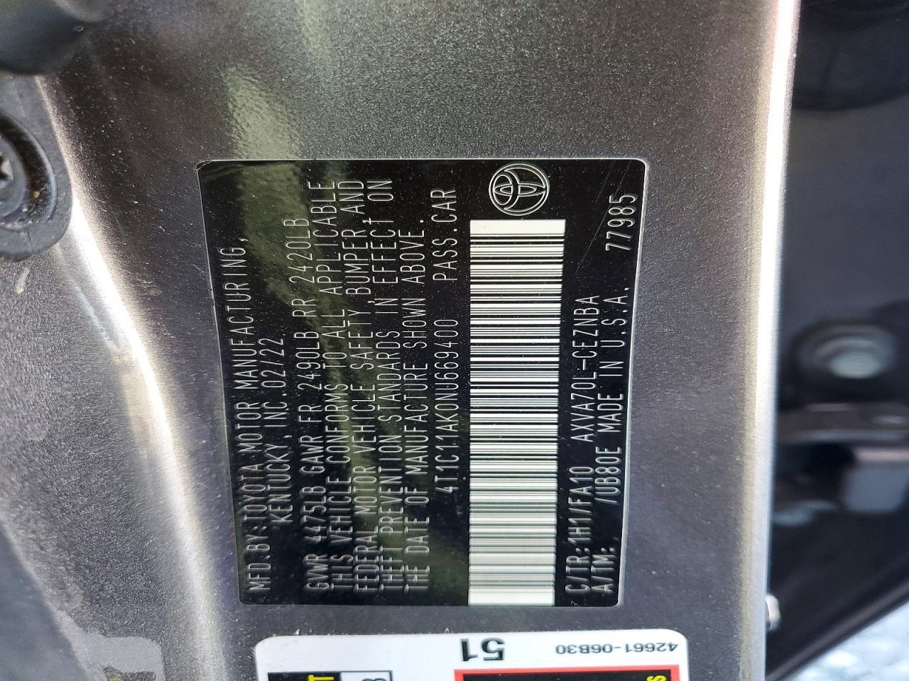2022 TOYOTA CAMRY LE — Фото 13 из 13