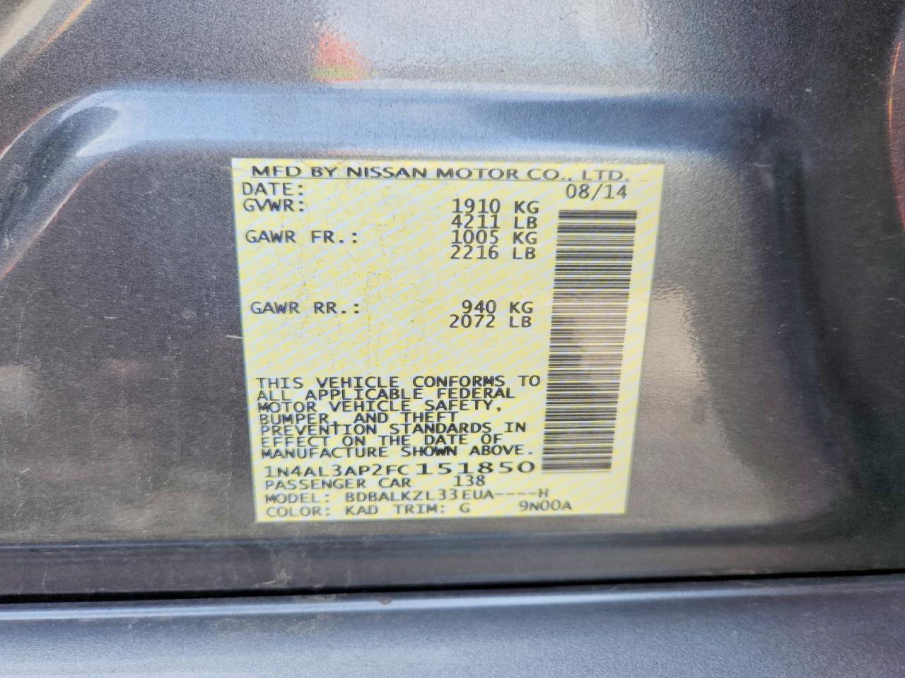 2015 NISSAN ALTIMA 2.5 SV — Фото 12 из 12