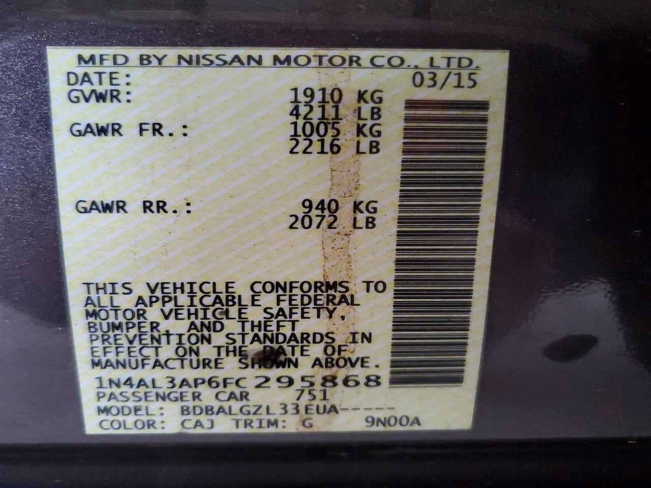 2015 NISSAN ALTIMA 2.5 S — Фото 12 из 12