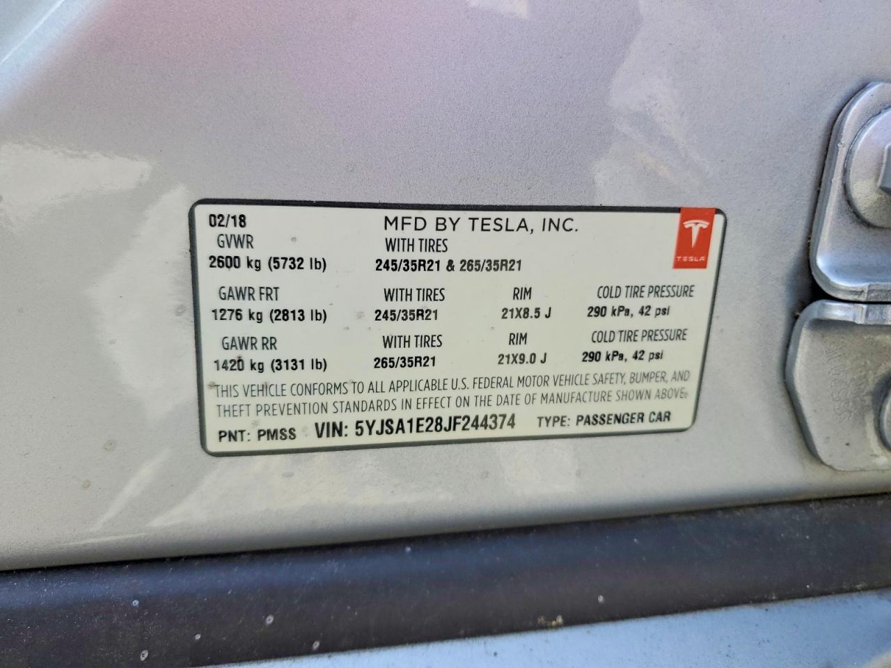5YJSA1E28JF244374 2018 TESLA MODEL S photo no. 12